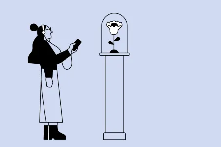 A line drawing of a person listening to something with headphones and looking at a piece of art on a pedestal.