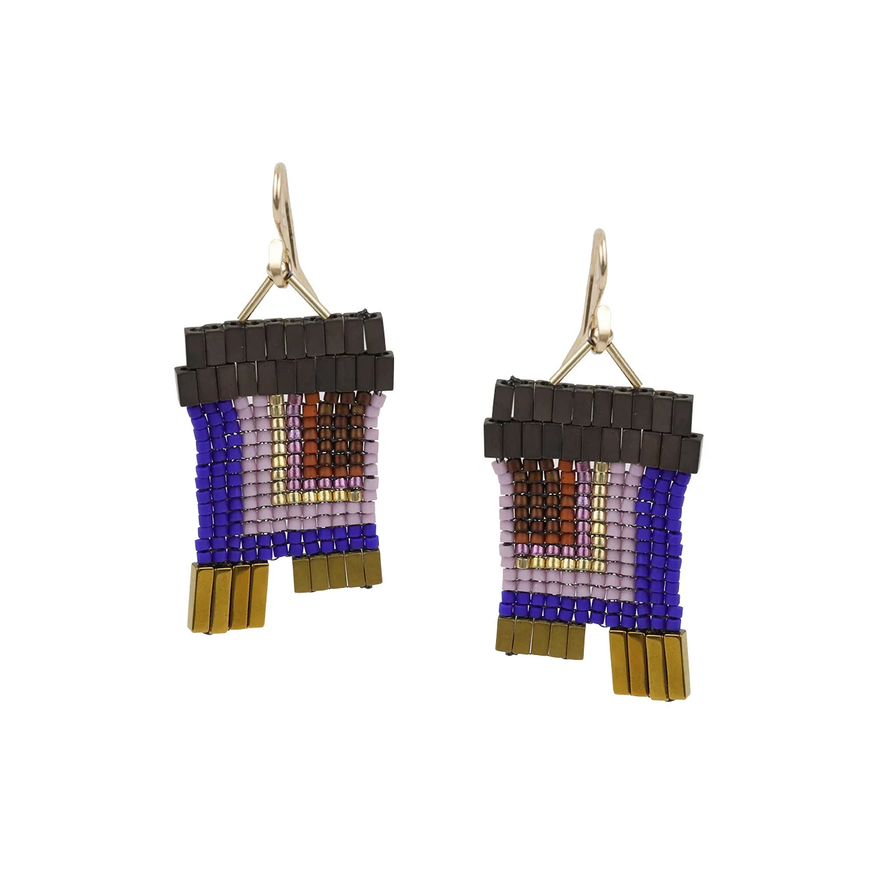 Hand beaded earrings with color blocking of orchid, blue, red, gold, rust and black.