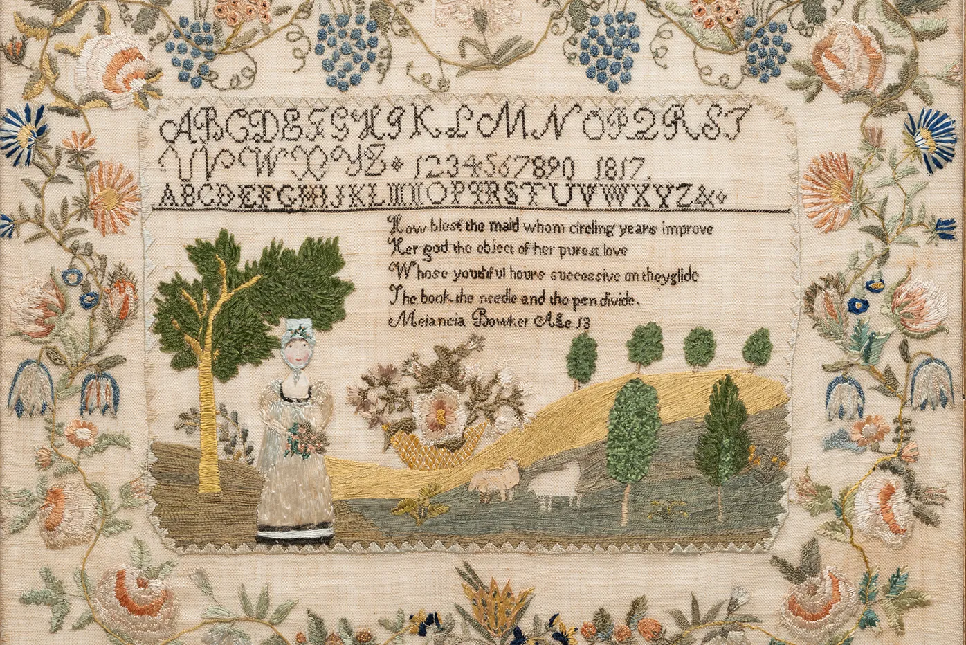 Melancia Bowker (age 13), Sampler, 1817. Collection of Sharon and Jeffery Lipton