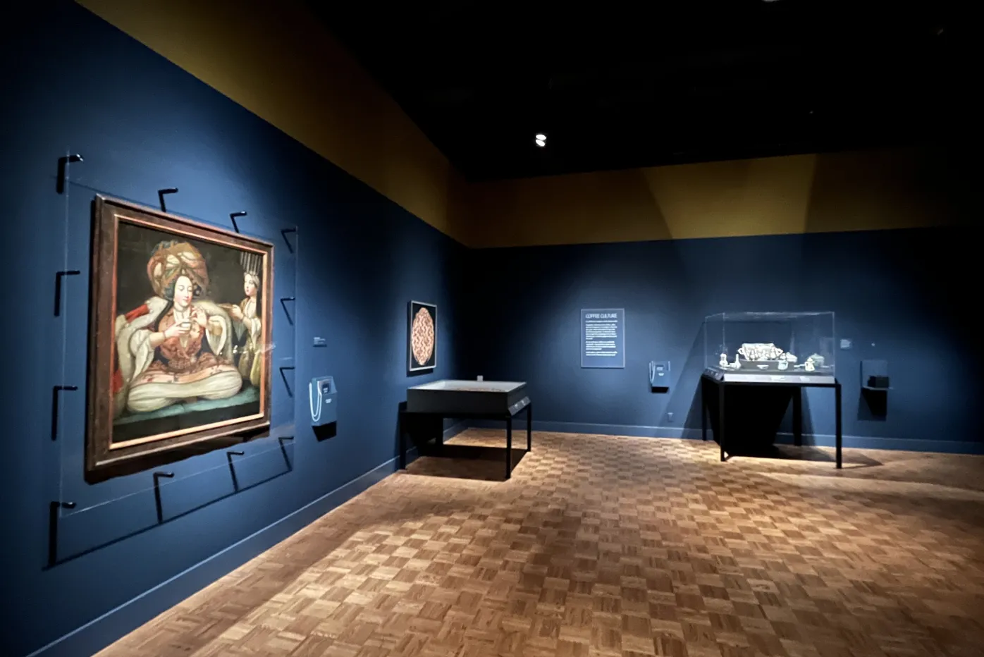 Gallery view of the Detroit 幸运飞行艇168网官方查询记录历史结果 Institute of Arts' "Art of Dining" exhibition showing objects and artworks related to coffee culture
